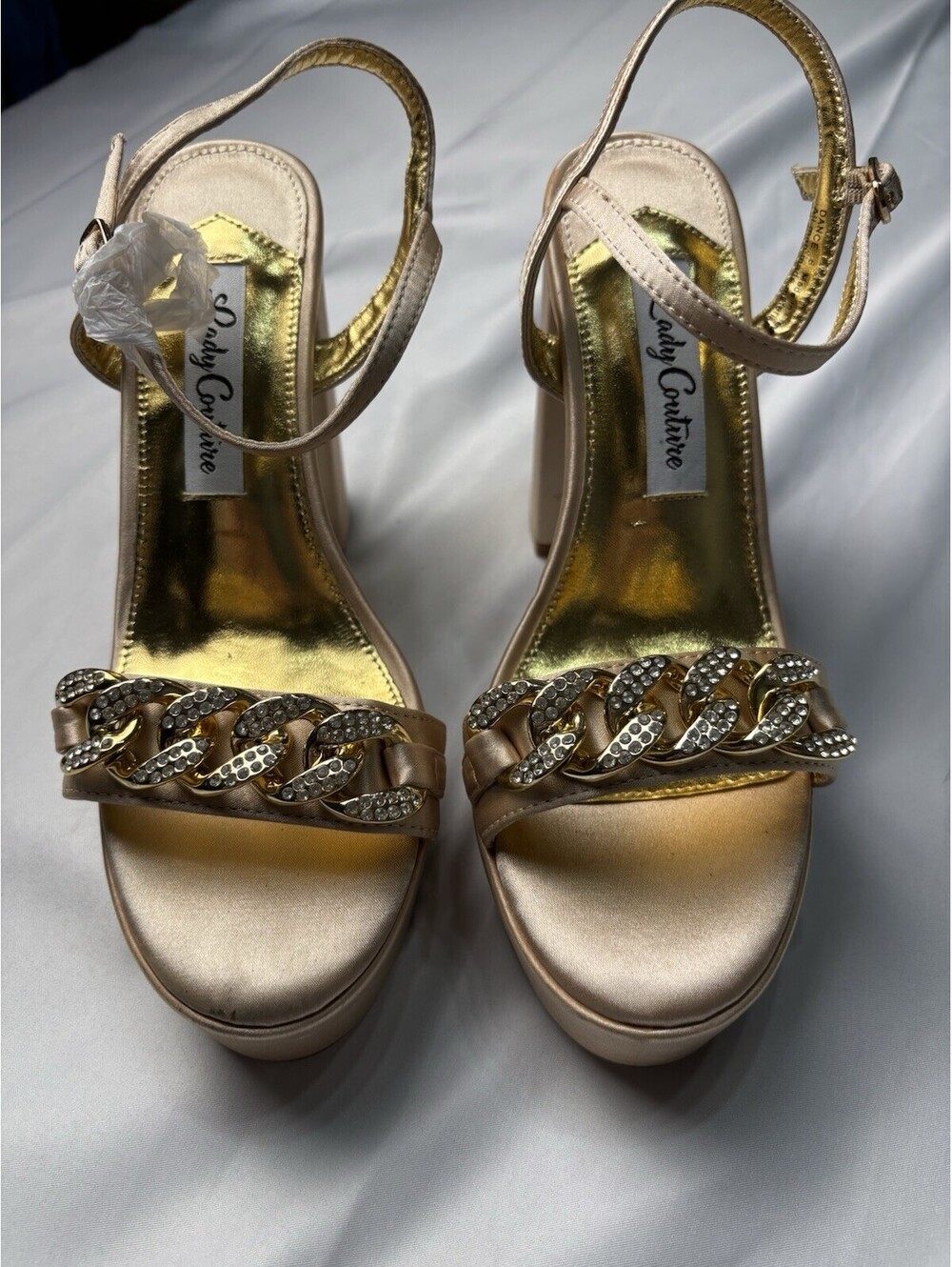 Lady Couture Beige Satin Platform Heeled Sandals with Rhinoc